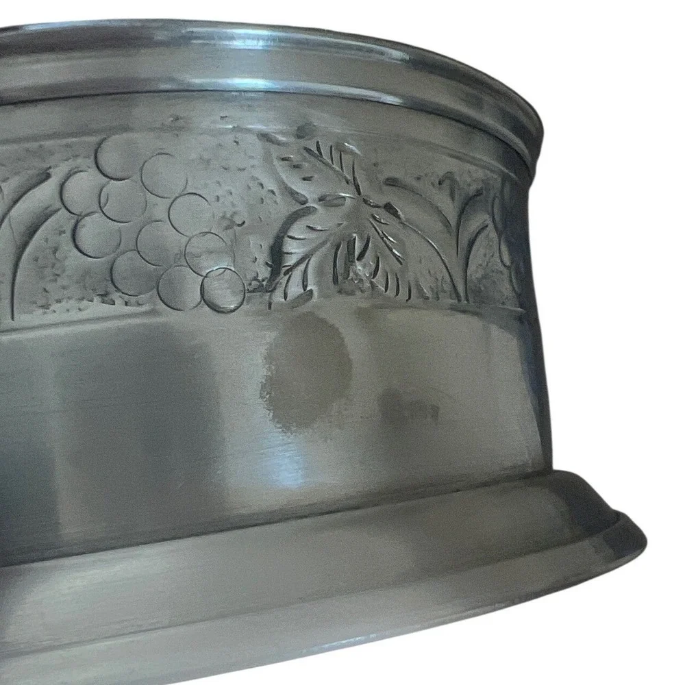 Pottery Barn Wine Bottle Coaster Pewter Grapevine Embossed Metal Decorative Bowl